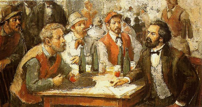 Marx talking with workers