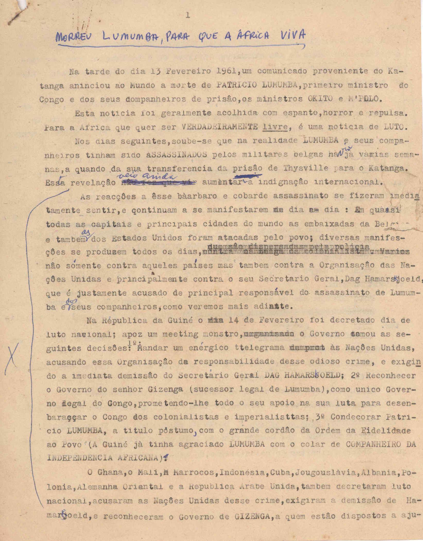 Primeira página do texto datilografado