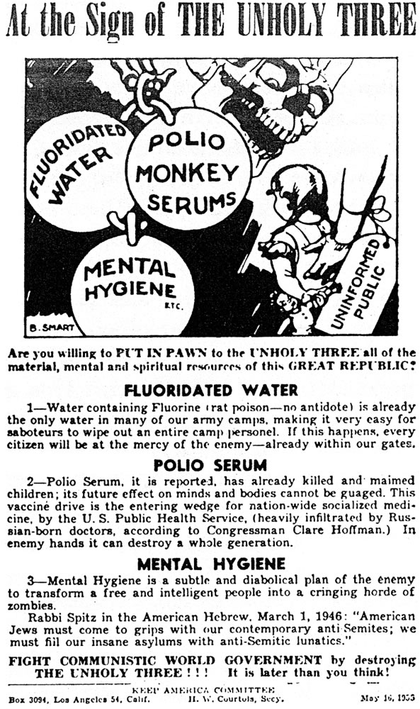 Panfleto Macarthismo - By Keep America Committee. - Reproduction of the original flyer. Reproduced in Marmor, Judd. "Psychodynamics of Group Opposition to Mental Health Programs", in Psychiatry in Transition, p. 362. Butterworth, 1974. Original work dated May 16, 1955 and attributed to the Keep America Committee. Scan uploaded by ChrisO., Public Domain, https://commons.wikimedia.org/w/index.php?curid=8043057