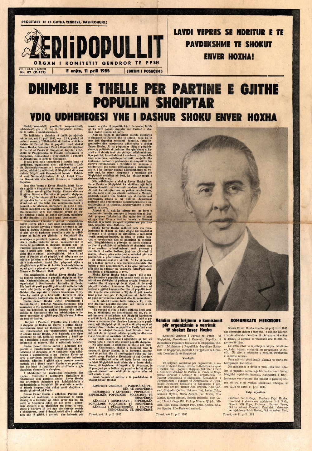 Capa Zëri i Popullit (A Voz do Povo) - http://www.enverhoxha.ru/mourning_issues_of_the_newspaper_zeri_i_popullit_1.htm