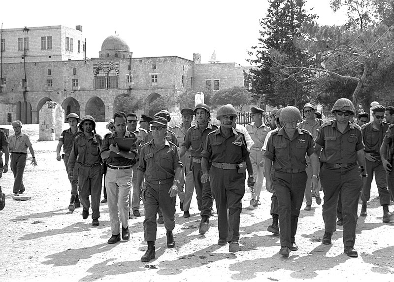 Defense Minister Moshe Dayan, Chief of staff Yitzhak Rabin, Gen. Rehavam Zeevi (R) And Gen. Narkis in the old city of Jerusalem